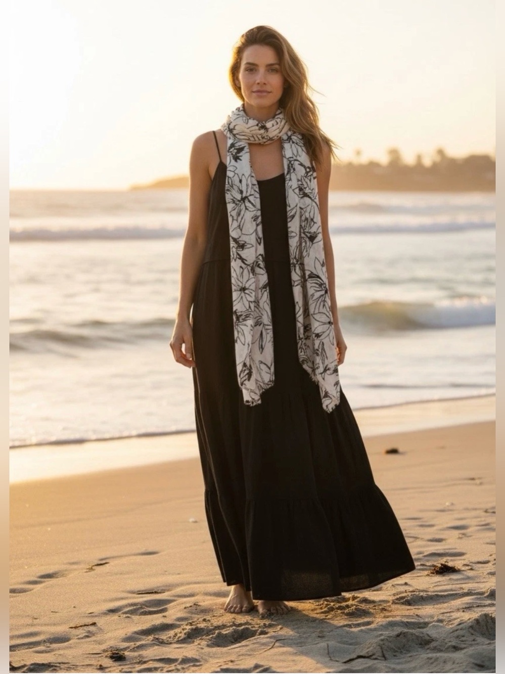 JOIE Black Linen Blend Maxi Sundress Dress Scarf Sz 2 XS NEW Boho Beach Summer